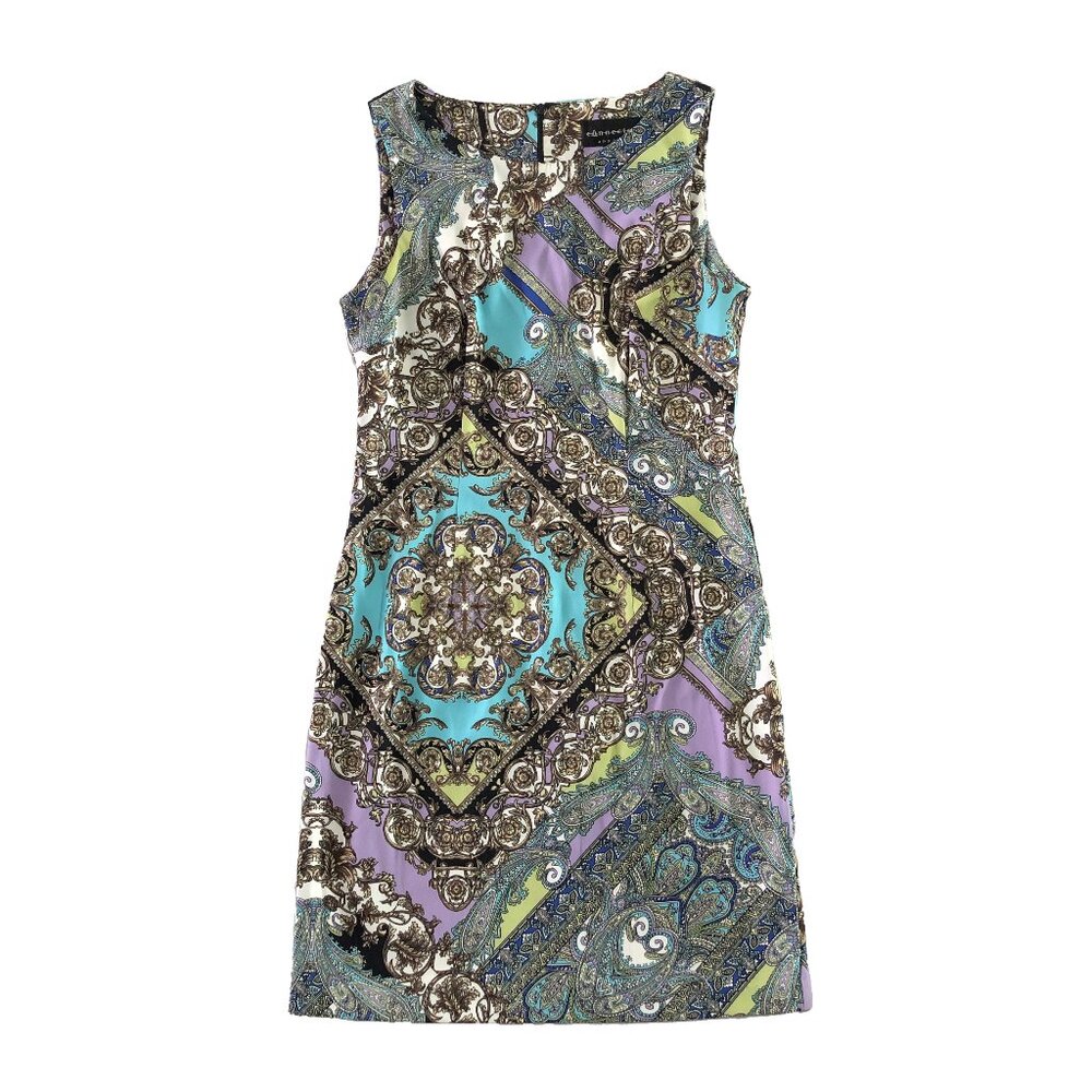Connected Apparel Womens Size 6 Blue Paisley Back Zipper Stretchy Sheath Dress
